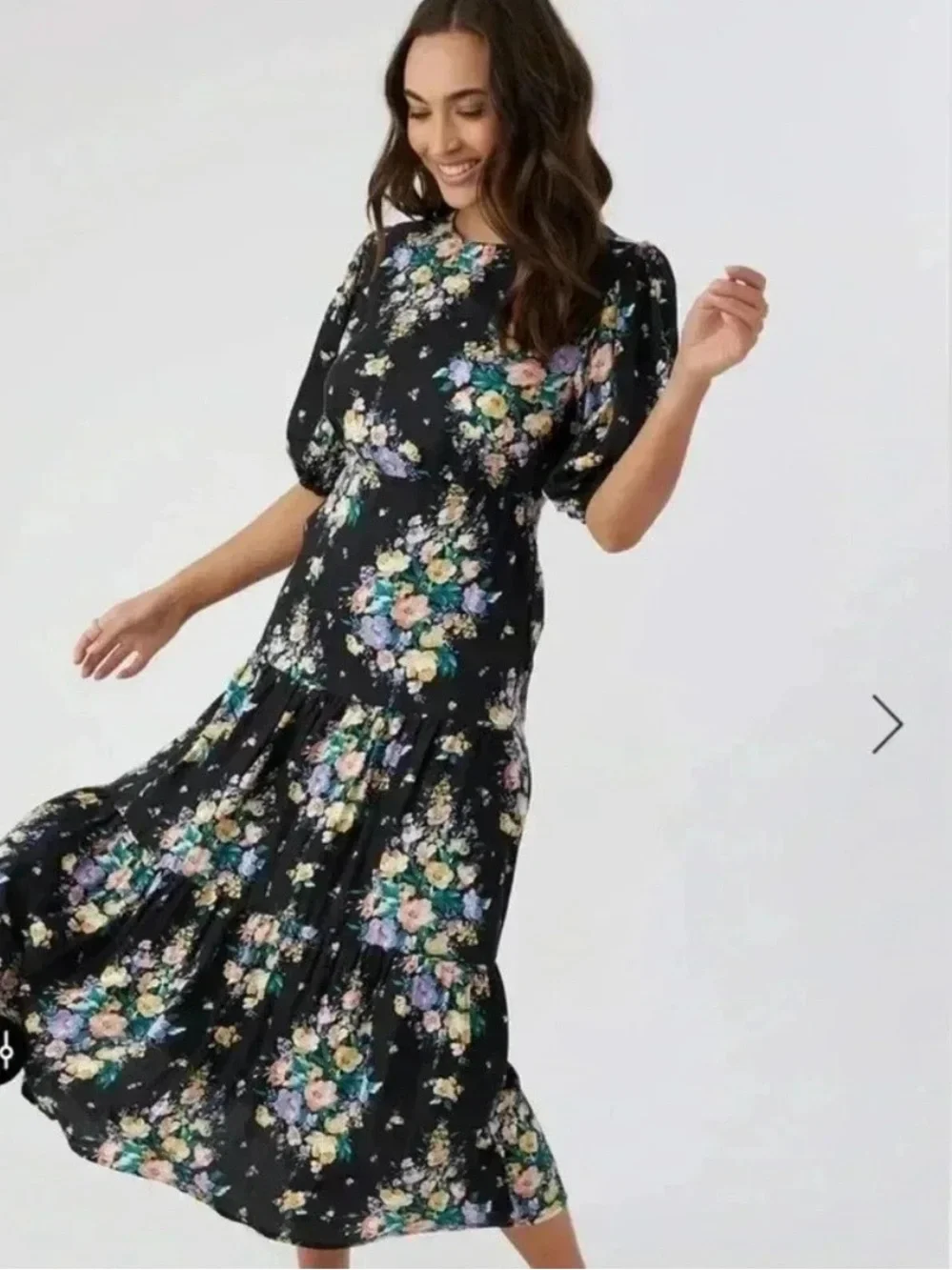 O'Neill NWT Alta Dress Floral Short Puff Sleeve Open Back Tiered Midi Black S